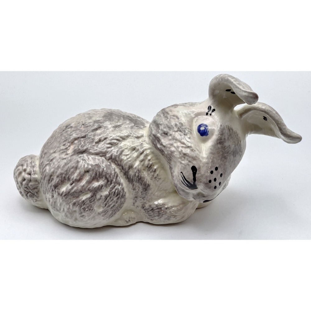 Vtg Ceramic Easter Bunny Rabbit Shelf Sitter Gray/Pink, Blue Eyes Signed PT WADE